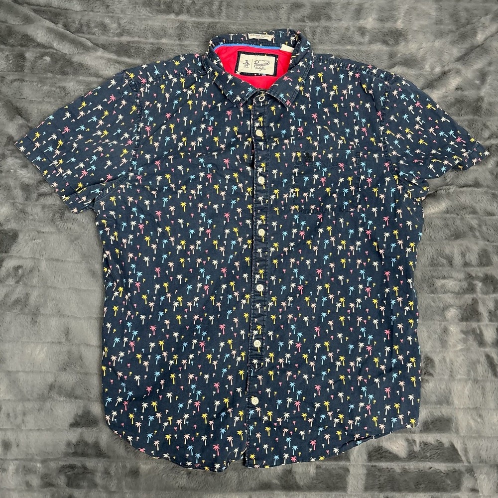 Original Penguin Mens XL Heritage Slim Fit Palm Tree Print Short Sleeve Shirt